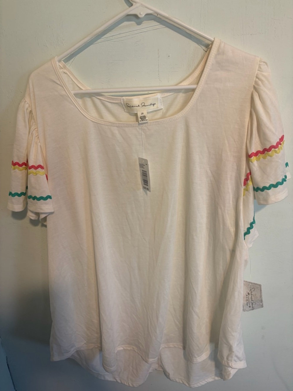 French Laundry White Scoop Neck Top with Pink, Yellow & Teal Rickrack